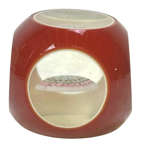 Vintage Murano (?) Millefiori Facet Overlay Cased Glass Window Red Paperweight - Picture 6 of 7